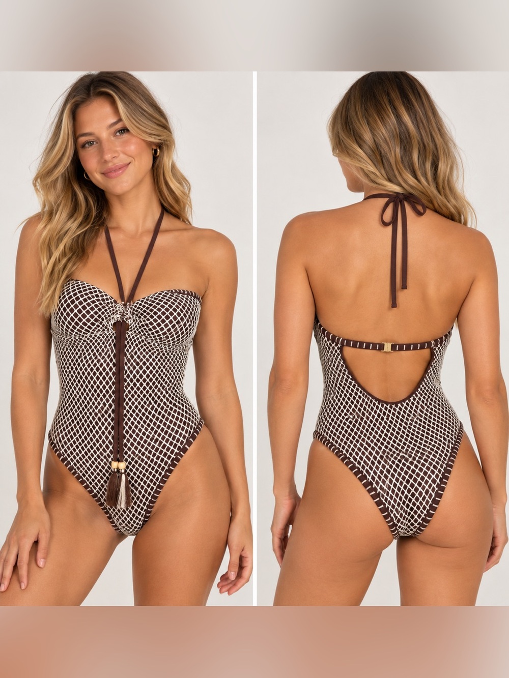 Lucky Brand NWT Brown & Ivory Mesh One Piece Swimsuit Size S $138